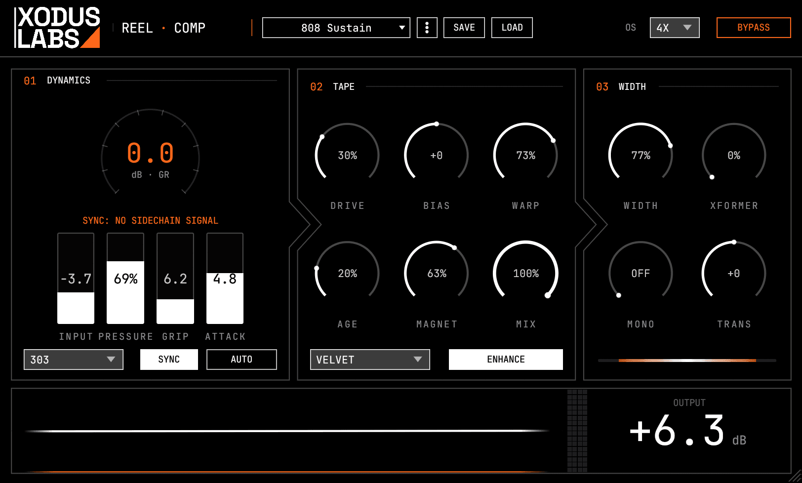 The REEL-COMP plugin interface. The DYNAMICS section (compressor) is on the left, the TAPE saturation section in the center, and the WIDTH (stereo) section on the right, with the gain-reduction meter, waveform, and output level along the bottom.